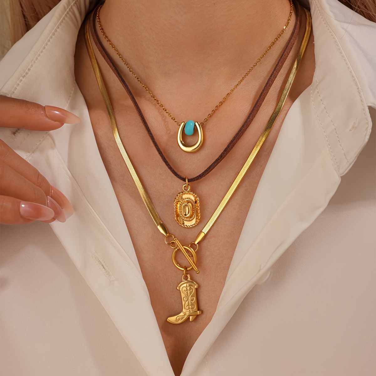 3pcs Set of 18K Plated Cowboy Hat and Boot Pendant Necklace